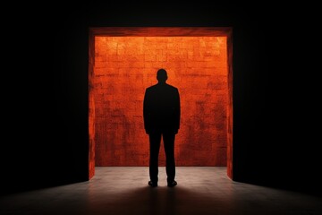 Obraz premium Silhouetted Man in Vivid Orange Doorway, Textured Large Scale Installation