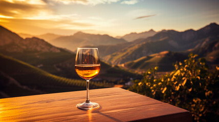 glass of wine on a wooden table with mountains background