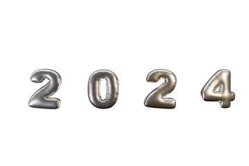 Silver 2024 balloons isolated on transparent background. 3d render