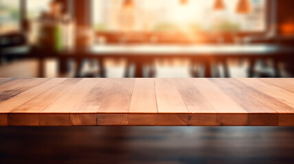 empty wooden table and blurred background of abstract bokeh