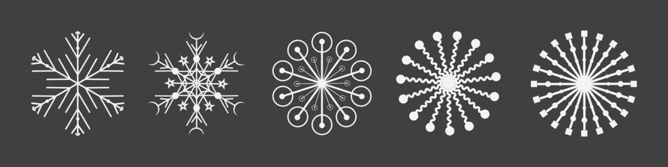 Snowflake variations icon collection . Doodle line snow icons, hand drawn silhouette. Winter symbol. 