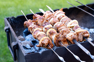meat on skewers is fried on a grill in the backyard against the backdrop of a green lawn