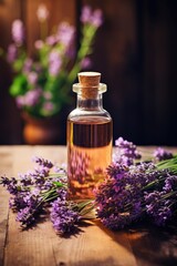 Fototapeta na wymiar Essential lavender oil and flowers 