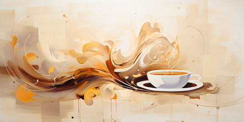 Coffee abstraction in beige tones, a white cup of coffee against a background of soft brown-white 3D waves, oil painting, acrylic - obrazy, fototapety, plakaty