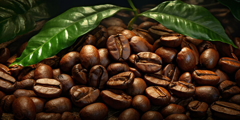 Background of roasted coffee beans with green leaves in the background, close-up