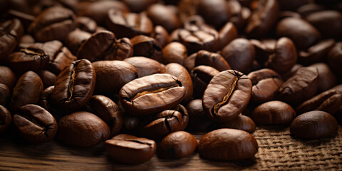 Naklejka premium Roasted coffee beans on a wooden table close-up, side view