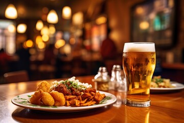 plate of food with a mug of beer in the restaurant
