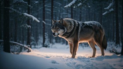 Obraz premium Timberwolf in una foresta di notte in inverno durante una nevicata