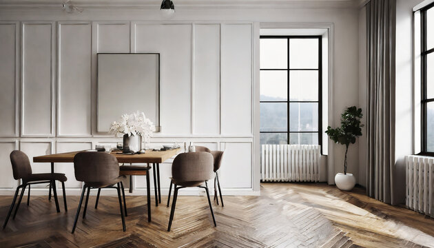 Modern room interior with white wall and wooden floor, dining table near window, mirror and radiator, 3d render