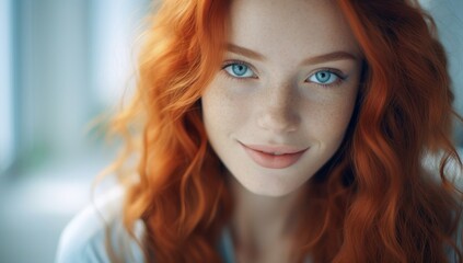 Fototapeta premium Portrait of a young, beautiful curly-haired girl with dark red hair, close-up