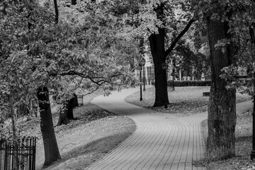 Black and white photo of nice park in Riga, Latvia without any people