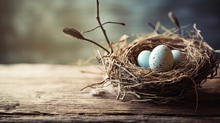 Naklejka na ściany i meble A small birds nest with eggs. Web banner with copy space