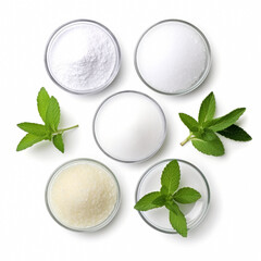 Set of different stevia sweeteners in powder, with leaves isolated separately on white background, top view - obrazy, fototapety, plakaty