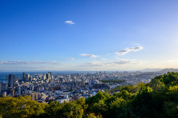 晴れた日の午後、神戸の高台ヴィーナスブリッジより神戸市街地の景観。