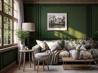 Living room, with green walls , styled with realistic lighting, retro vintage, use of dark green and beige tones