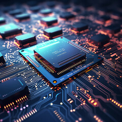 Up close image of computer micro electronics and computer chips on a lit up electronics board