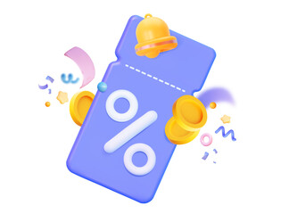 Flying confetti ticket and bell notification. Holiday gift voucher for birthday, new year, housewarming party. Online promo sale shopping. promotion on goods or discount on various services. 