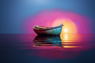 Painting of a small wooden boat on water in sunsert or sunrise. Aquarelle or watercolor technique. Minimal concept of peace and calm mood