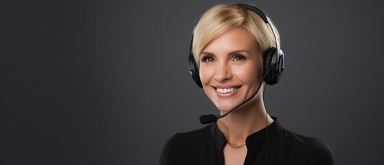 Call center, young woman and smile in contact us with CRM, headset with mic and mockup space. Customer service, happy female and telemarketing with sales and help desk. gray background, copy space