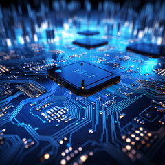 Up close image of computer micro electronics and computer chips on a lit up electronics board
