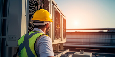 Engineers are checking the cooling system of a large building for air conditioning. - obrazy, fototapety, plakaty