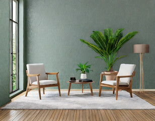 room with two chairs and coffee table on rug, tropical plant in pot, empty wall, 3d rendering