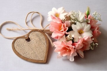 Fototapeta na wymiar Bouquet of spring flowers with wooden heart on white background.