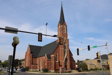 Pontiac, Illinois, USA; September 22 2023: Church Catethral near the old route 66 in the center of Pontiac town.