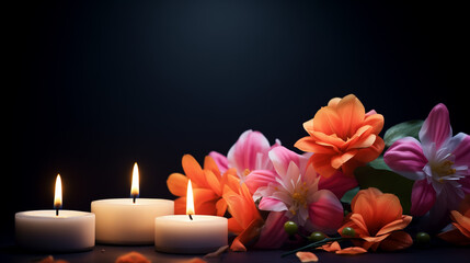 Flowers and candles for soul's day on a dark black gradient background