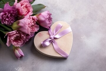 Valentine's day background with heart and flowers. Top view with copy space