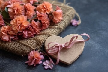 Beautiful pink artificial flowers with a wooden heart on a dark background.
