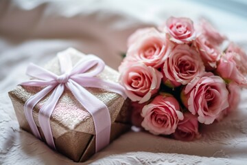 Gift box and bouquet of pink roses on the bed.