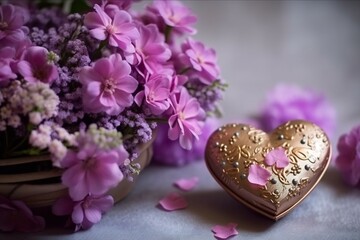 Bouquet of lilac flowers and golden heart on a light background