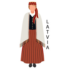 Woman in Latvian folk costume. Culture and traditions of Latvia. Illustration, vector - obrazy, fototapety, plakaty
