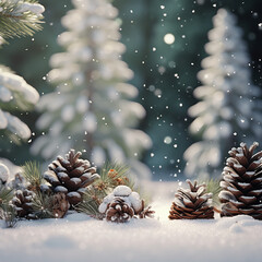 A winter scene with pinecones, red berries and falling snow, in the background a snowy forest can be seen