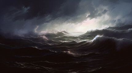 Painting of Intense Ocean Waves, Moody Environment, Storm Over the Sea