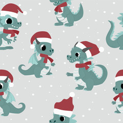 Seamless pattern with New Year's dragons in Santa Claus hats. Vector illustration.