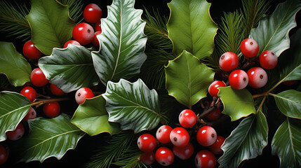 Holly Leaves Christmas Background, Red Berries on a Tree