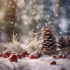 A winter scene with pinecones, red berries and falling snow, in the background a snowy forest can be seen