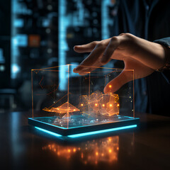A persons hand touching a interactive hologram computer display that has glowing lights and shows interactive data