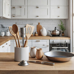 set of utencils in the kitchen on wooden countertop with white cabinets, 3d rendering - obrazy, fototapety, plakaty
