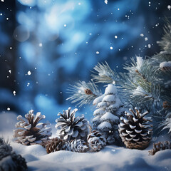 A winter scene with pinecones, red berries and falling snow, in the background a snowy forest can be seen