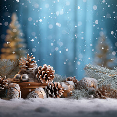 A winter scene with pinecones, red berries and falling snow, in the background a snowy forest can be seen