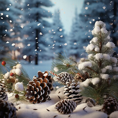 A winter scene with pinecones, red berries and falling snow, in the background a snowy forest can be seen