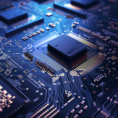 Up close image of computer micro electronics and computer chips on a lit up electronics board
