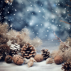 A winter scene with pinecones, red berries and falling snow, in the background a snowy forest can be seen