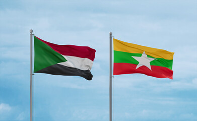 Myanmar and Sudan flags, country relationship concept