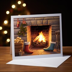Christmas holiday winter time home greeting card - Feet in wool socks, fireplace in the background - Generative AI