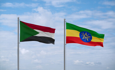 Ethiopia and Sudan flags, country relationship concept