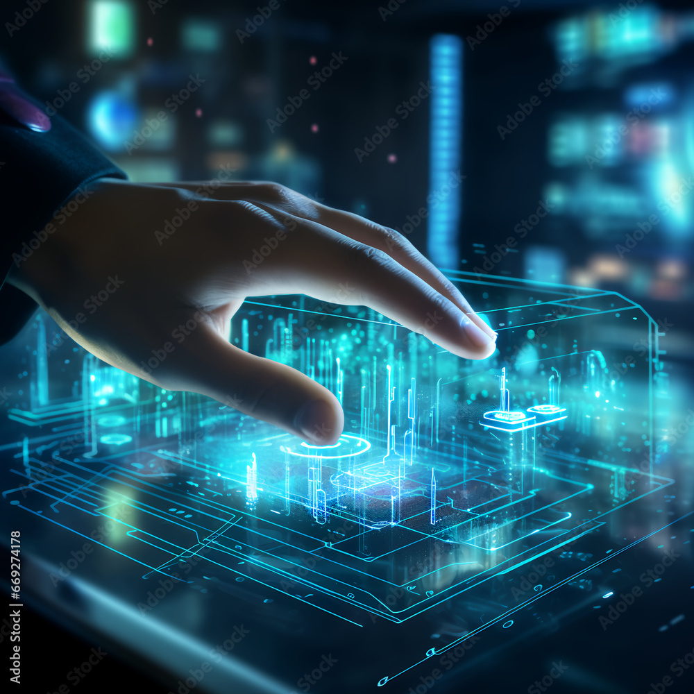 Wall mural a persons hand touching a interactive hologram computer display that has glowing lights and shows in